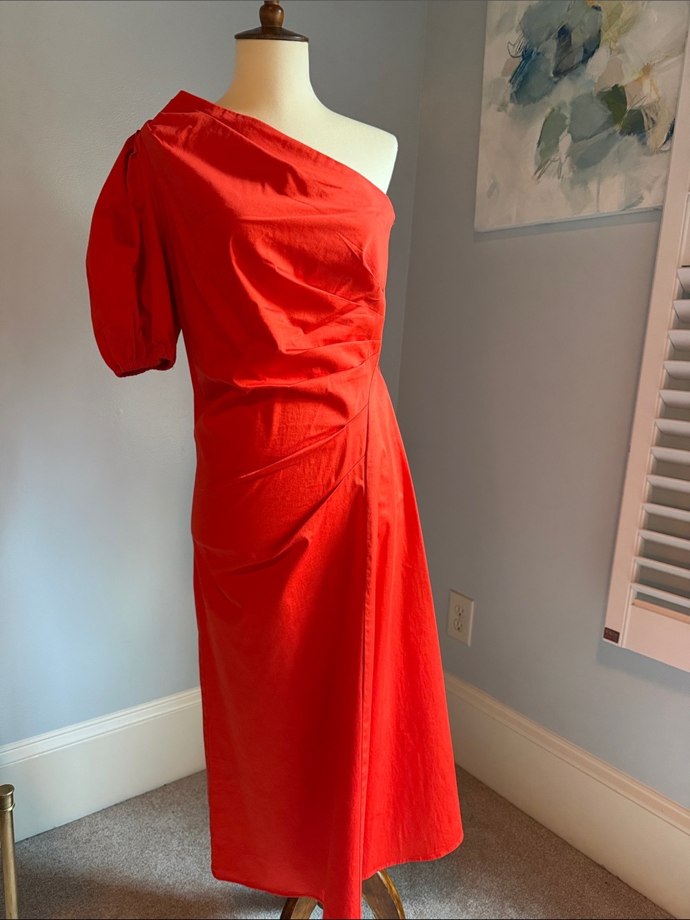 Shoshanna Red One-Shoulder Puff-Sleeve Midi Dress